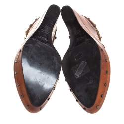 Pre Owned Saint Laurent Paris Brown Leather Studded Cross Strap Wedge Platform Sandals Size 38