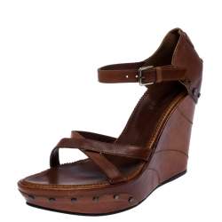 Pre Owned Saint Laurent Paris Brown Leather Studded Cross Strap Wedge Platform Sandals Size 38