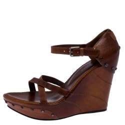 Pre Owned Saint Laurent Paris Brown Leather Studded Cross Strap Wedge Platform Sandals Size 38
