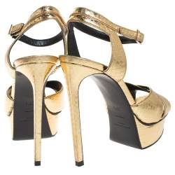 مملوكة مسبقًا Saint Laurent Paris Gold Python Embossed Leather Bianca Platform Sandals Size 36.5
