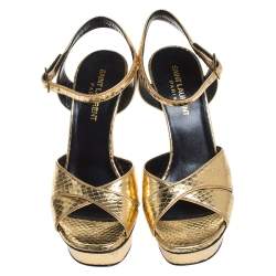 مملوكة مسبقًا Saint Laurent Paris Gold Python Embossed Leather Bianca Platform Sandals Size 36.5