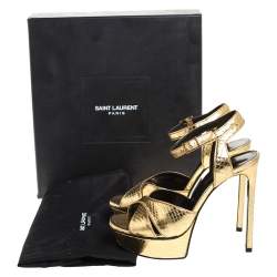 مملوكة مسبقًا Saint Laurent Paris Gold Python Embossed Leather Bianca Platform Sandals Size 36.5