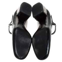 Pre Owned حذاء كعب عالي سان لوران باريس ماري جين نعل سميك مرصع جلد لامع اسود مقاس 40