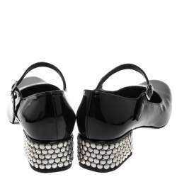 Pre Owned حذاء كعب عالي سان لوران باريس ماري جين نعل سميك مرصع جلد لامع اسود مقاس 40