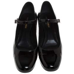 Pre Owned حذاء كعب عالي سان لوران باريس ماري جين نعل سميك مرصع جلد لامع اسود مقاس 40