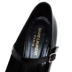 Pre Owned حذاء كعب عالي سان لوران باريس ماري جين نعل سميك مرصع جلد لامع اسود مقاس 40