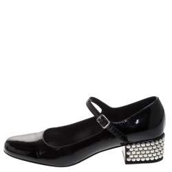 Pre Owned حذاء كعب عالي سان لوران باريس ماري جين نعل سميك مرصع جلد لامع اسود مقاس 40