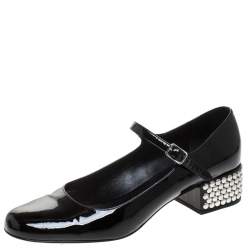 Pre Owned حذاء كعب عالي سان لوران باريس ماري جين نعل سميك مرصع جلد لامع اسود مقاس 40