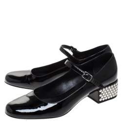 Pre Owned حذاء كعب عالي سان لوران باريس ماري جين نعل سميك مرصع جلد لامع اسود مقاس 40