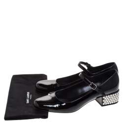 Pre Owned حذاء كعب عالي سان لوران باريس ماري جين نعل سميك مرصع جلد لامع اسود مقاس 40