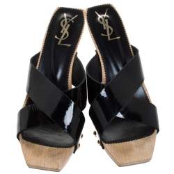 Pre Owned Saint Laurent Black Patent Leather Studded Cross Strap Platform Sandals Size 40