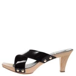 Pre Owned Saint Laurent Black Patent Leather Studded Cross Strap Platform Sandals Size 40