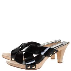 Pre Owned Saint Laurent Black Patent Leather Studded Cross Strap Platform Sandals Size 40