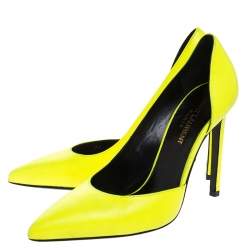Pre Owned Saint Laurent Paris Neon Green Leather D'orsay Pointed Toe Pumps Size 37