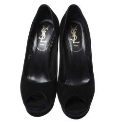 Yves Saint Laurent Black Suede Palais Platform Peep Toe Pumps Size 38.5