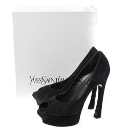Yves Saint Laurent Black Suede Palais Platform Peep Toe Pumps Size 38.5