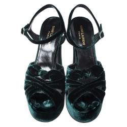 Saint Laurent Green Velvet Candy Bow Platform Sandals Size 39
