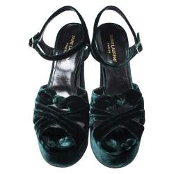 مملوكة مسبقًا Saint Laurent Green Velvet Candy Bow Platform Sandals Size 39