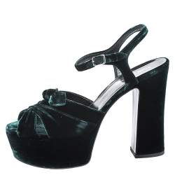 مملوكة مسبقًا Saint Laurent Green Velvet Candy Bow Platform Sandals Size 39