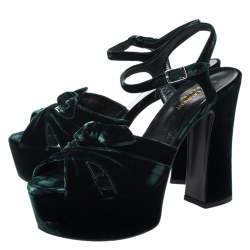 مملوكة مسبقًا Saint Laurent Green Velvet Candy Bow Platform Sandals Size 39