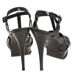 Pre Owned صندل سان لوران نعل سميك Tribute جلد لامع رمادي مقاس 38.5