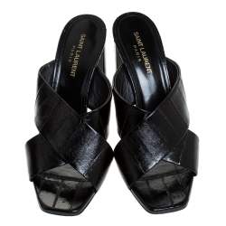 Pre Owned Saint Laurent Paris Black Textured Leather Loulou Criss Cross Mules Size 40