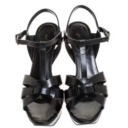 مملوكة مسبقًا Saint Laurent Paris Black Leather Tribute Platform Ankle Strap Sandals Size 39.5