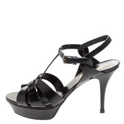 مملوكة مسبقًا Saint Laurent Paris Black Leather Tribute Platform Ankle Strap Sandals Size 39.5