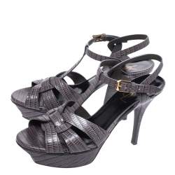 مملوكة مسبقًا Saint Laurent Grey Lizard Embossed Leather Tribute Platform Sandals Size 37