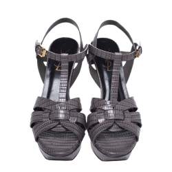 مملوكة مسبقًا Saint Laurent Grey Lizard Embossed Leather Tribute Platform Sandals Size 37