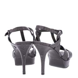 مملوكة مسبقًا Saint Laurent Grey Lizard Embossed Leather Tribute Platform Sandals Size 37