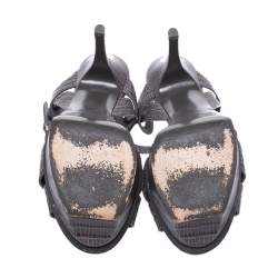 مملوكة مسبقًا Saint Laurent Grey Lizard Embossed Leather Tribute Platform Sandals Size 37