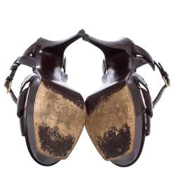 Pre Owned Saint Laurent Paris Burgundy Patent Leather Tribute Ankle Strap Platform Sandals Size 38