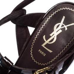 Pre Owned Saint Laurent Paris Burgundy Patent Leather Tribute Ankle Strap Platform Sandals Size 38