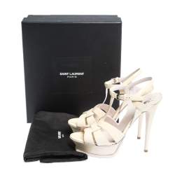 مملوكة مسبقًا صندل سان لوران باريس سير كاحل تريبيوت جلد أوف وايت لامع مقاس 39.5