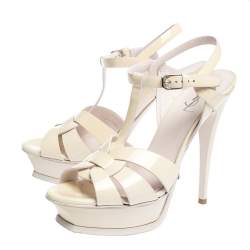 مملوكة مسبقًا صندل سان لوران باريس سير كاحل تريبيوت جلد أوف وايت لامع مقاس 39.5