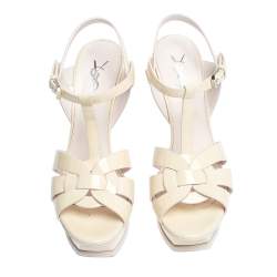 مملوكة مسبقًا صندل سان لوران باريس سير كاحل تريبيوت جلد أوف وايت لامع مقاس 39.5