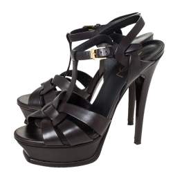 مملوكة مسبقًا Saint Laurent Paris Dark Brown Leather Tribute Platform Ankle Strap Sandals Size 36.5
