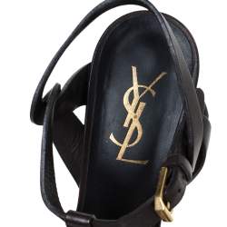 مملوكة مسبقًا Saint Laurent Paris Dark Brown Leather Tribute Platform Ankle Strap Sandals Size 36.5