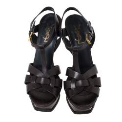 مملوكة مسبقًا Saint Laurent Paris Dark Brown Leather Tribute Platform Ankle Strap Sandals Size 36.5