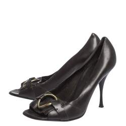 Pre Owned Saint Laurent Dark Brown Leather Ring Buckle Fringe Peep toe Pumps Size 39.5