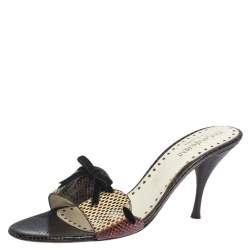 Saint Laurent Multicolor Snakeskin Bow Slide Sandals Size 40.5