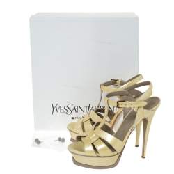 Pre Owned Saint Laurent Light Yellow Textured Patent Leather Tribute Platform Sandals Size 37