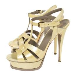Pre Owned Saint Laurent Light Yellow Textured Patent Leather Tribute Platform Sandals Size 37