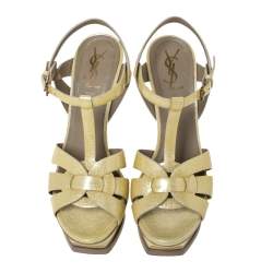 Pre Owned Saint Laurent Light Yellow Textured Patent Leather Tribute Platform Sandals Size 37