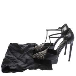 Pre Owned Saint Laurent Paris Black Leather Janis Studded T Strap Platform Pumps Size 38