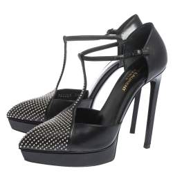Pre Owned Saint Laurent Paris Black Leather Janis Studded T Strap Platform Pumps Size 38