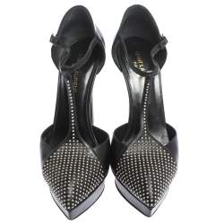 Pre Owned Saint Laurent Paris Black Leather Janis Studded T Strap Platform Pumps Size 38