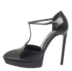 Pre Owned Saint Laurent Paris Black Leather Janis Studded T Strap Platform Pumps Size 38