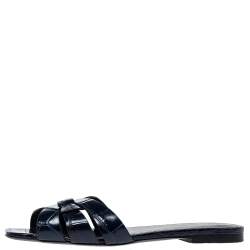 Pre Owned صندل سلايدز فلات سان لوران باريس تريبوت جلد نقش تمساح  أزرق مقاس 37.5